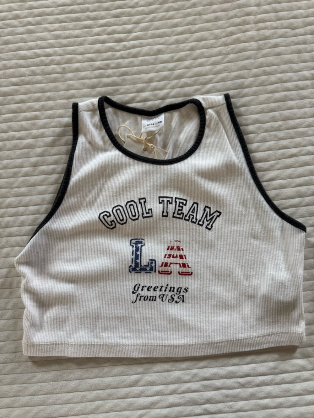 Zara White Tank Top with Black Trim and Red & Blue LA Graphic